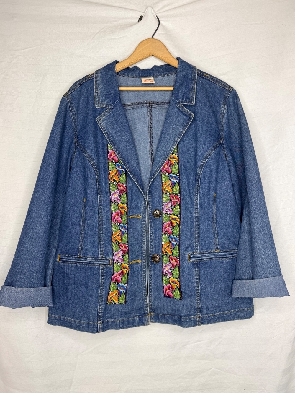 Vintage Custom Y2K Denim Blazer Embroidered Bird Textile Jacket Floral Boho
